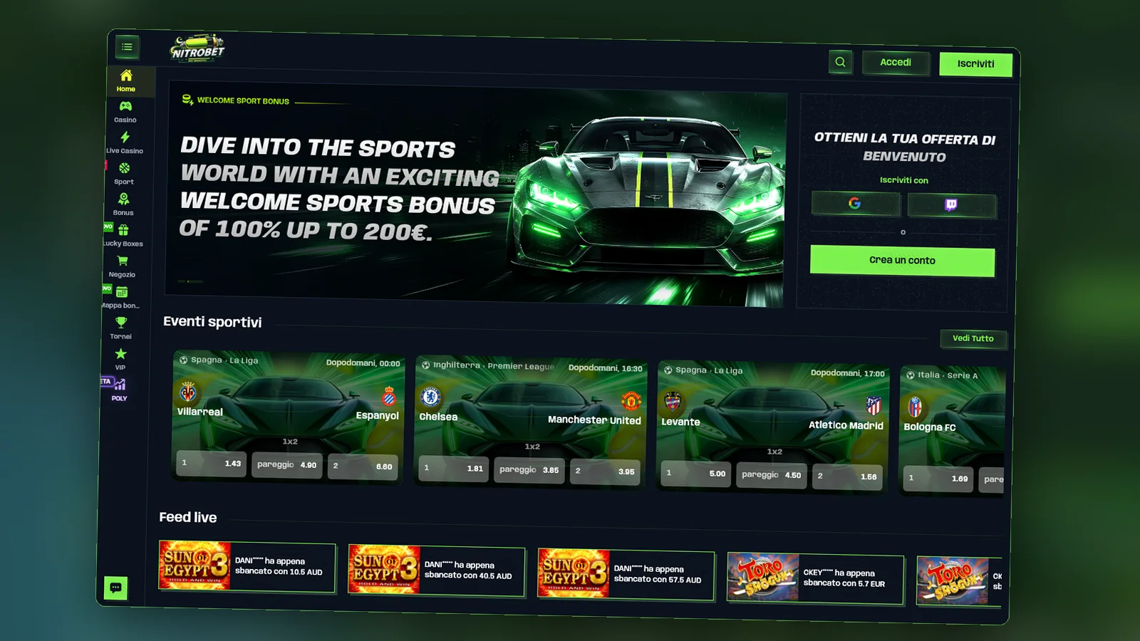 Sezione delle offerte con i bonus elencati per casinò e sport