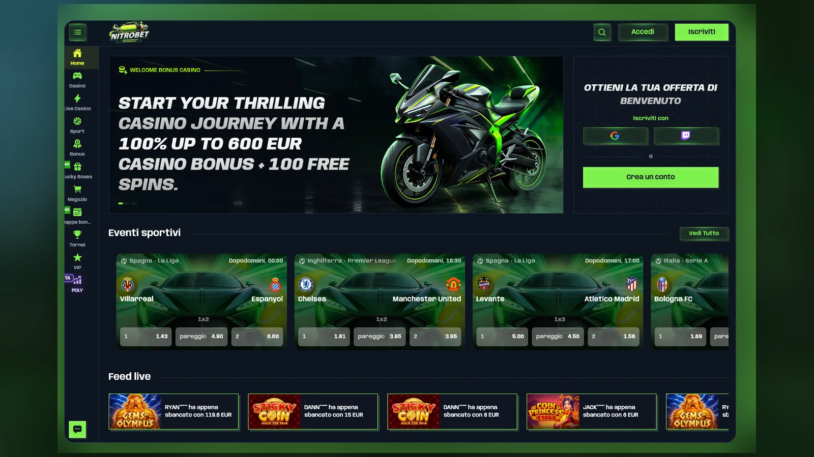 Pagina delle promozioni con le offerte per casinò e sport