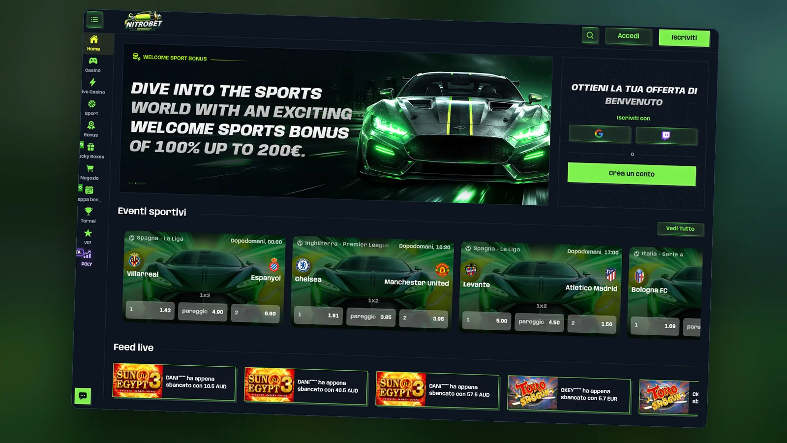 Home del sito con le sezioni casinò, live e sport