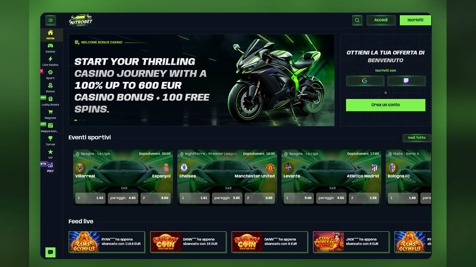 Sezione sport con eventi e quote sul sito di Nitrobet