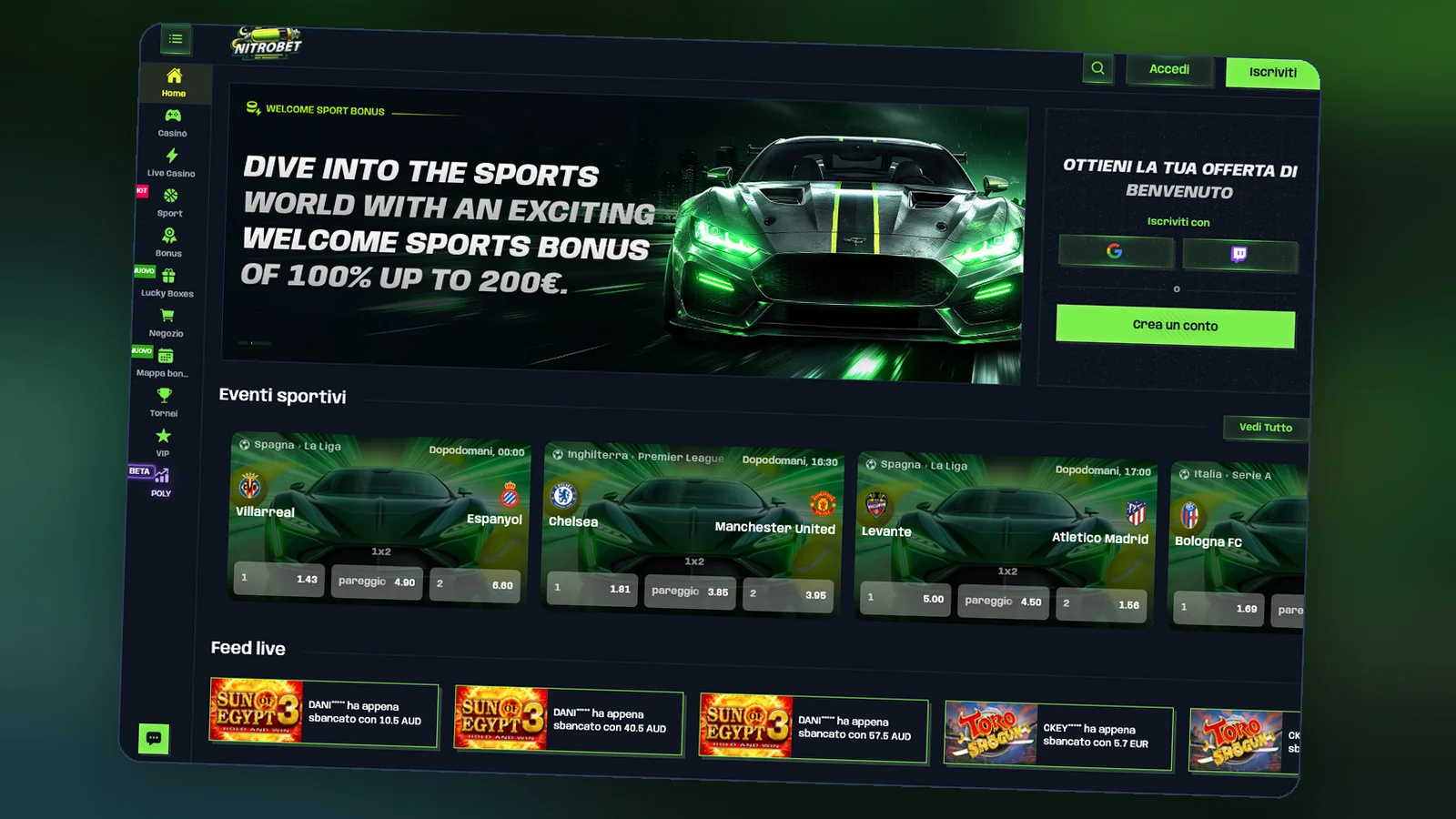 Area scommesse con le sezioni Sport, Eventi Live e In arrivo